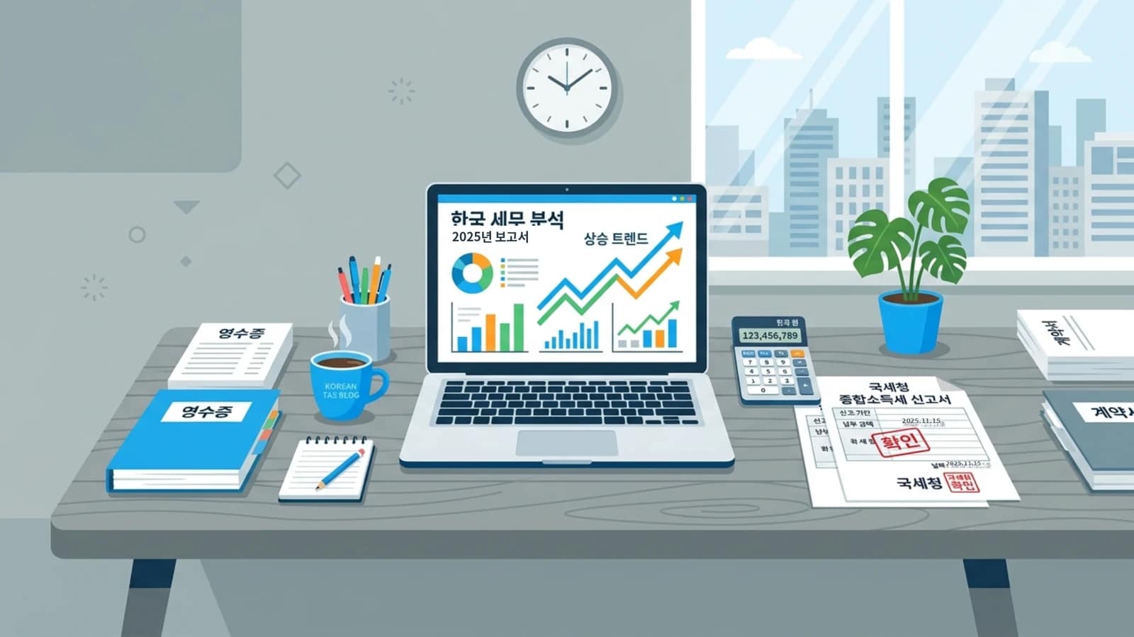 2025년 한국 세무 분석 보고서와 상승 트렌드 그래프가 표시된 노트북 일러스트