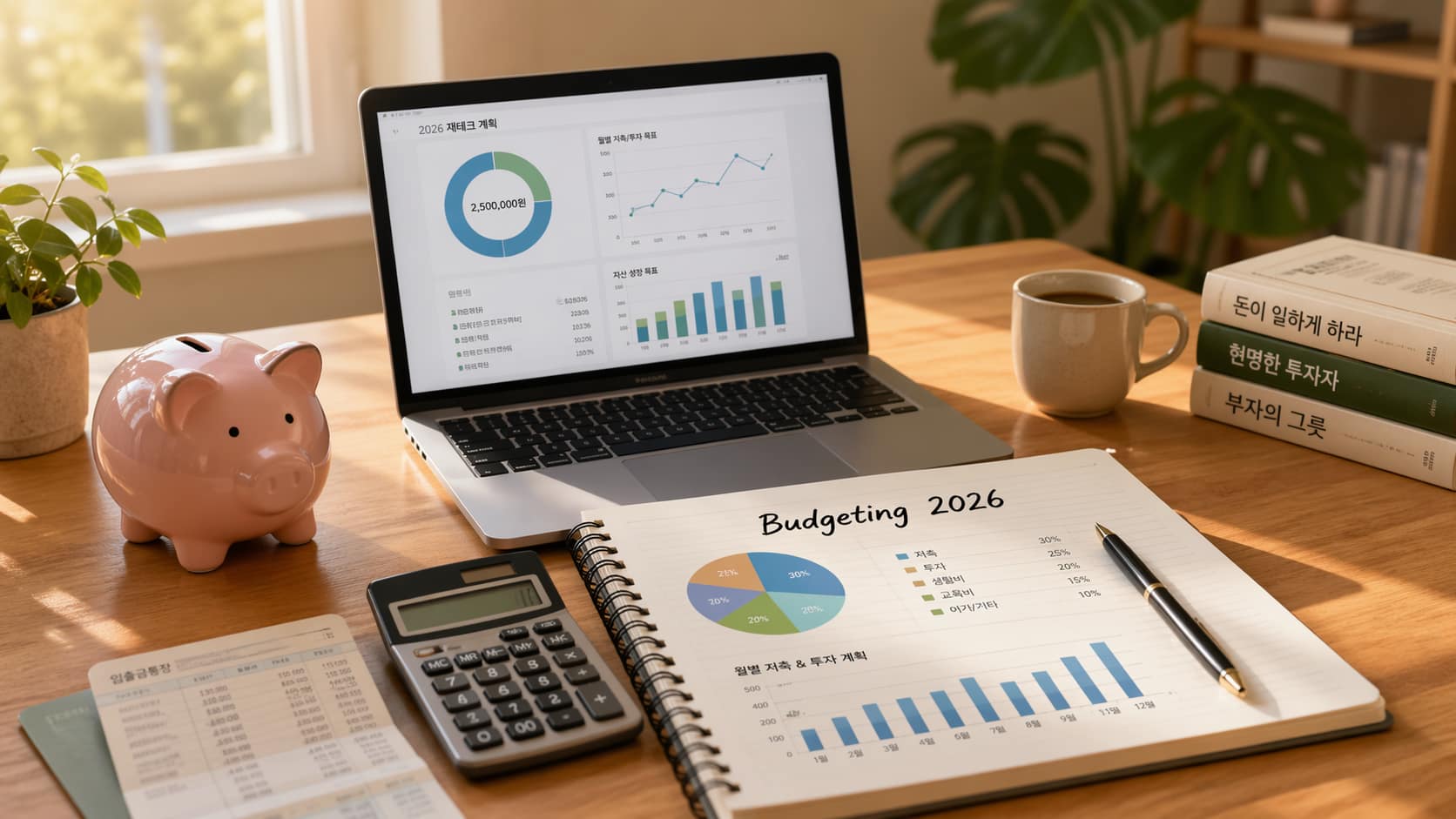 월급 250만원 재테크 계획을 세우는 노트북, 저금통, 예산 노트가 놓인 홈오피스 책상