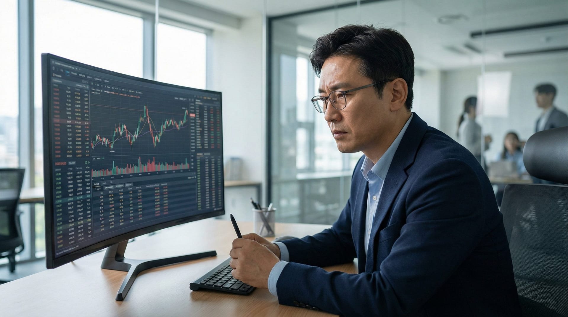 코스닥 1000 돌파 시황을 분석하는 투자자