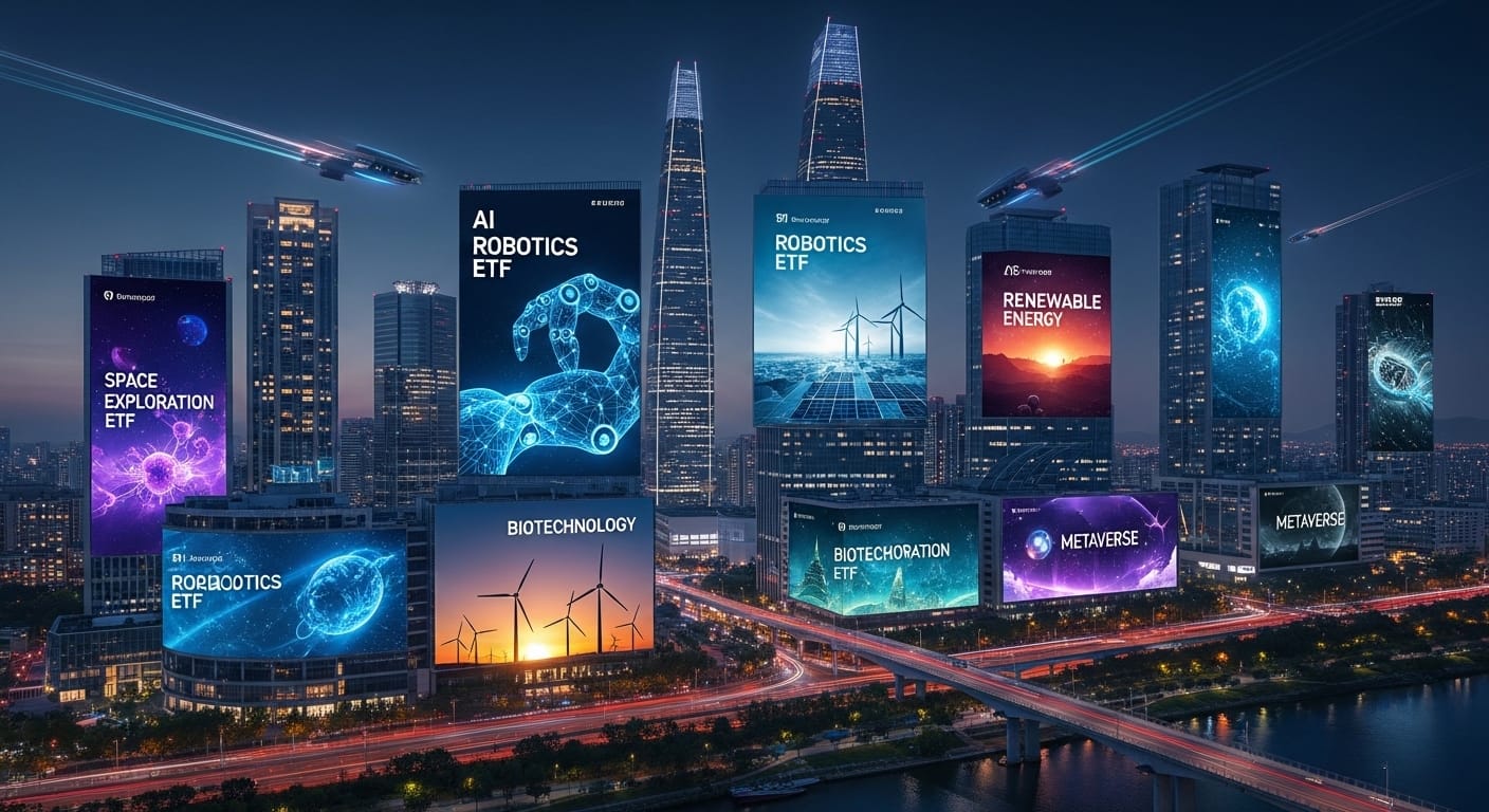 AI 로보틱스와 바이오테크놀로지 ETF 정보를 보여주는 미래형 도시 야경과 디지털 디스플레이