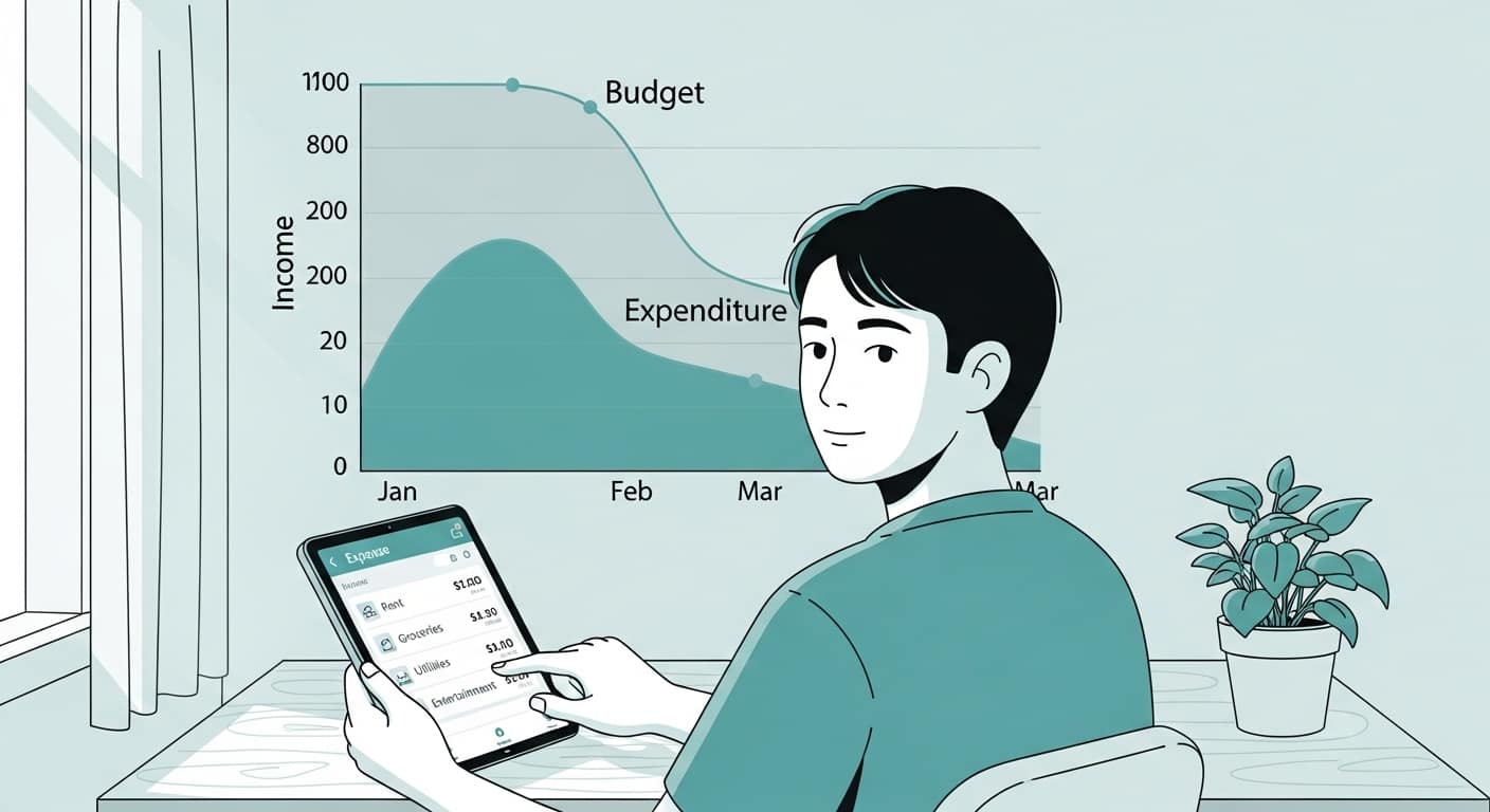가계부 앱으로 지출을 꼼꼼히 기록하는 1인 가구의 모습