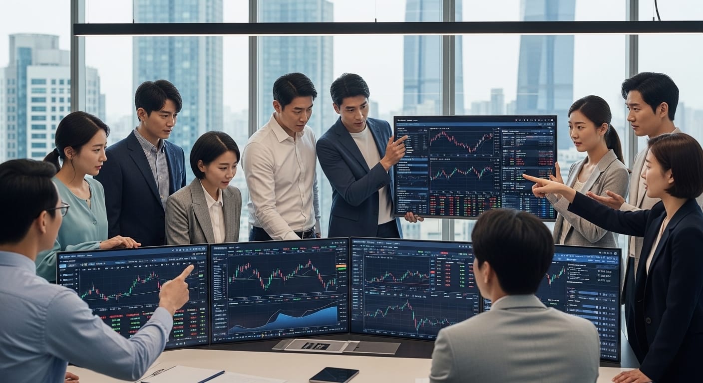 실시간 ETF 시장 모니터링 트레이딩룸에서 여러 대의 모니터로 글로벌 ETF 시장 동향과 차트를 실시간 분석하는 투자 전문가들