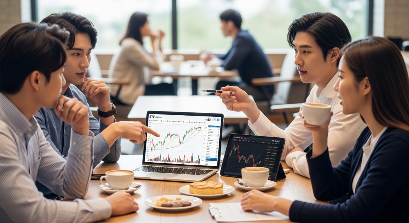 일상에서 실천하는 ETF 적립식 투자 카페에서 노트북으로 ETF 주가 차트를 분석하며 투자 전략을 논의하는 젊은 투자자들