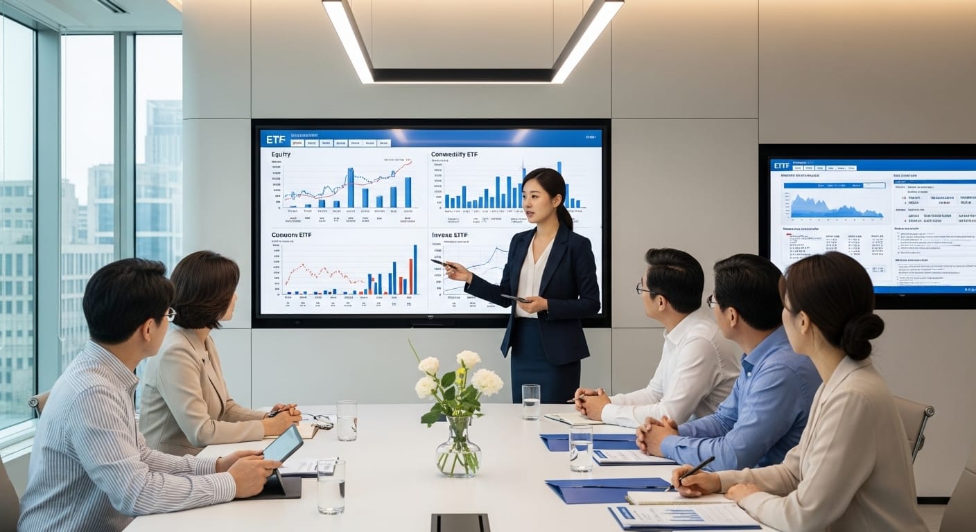 회의실에서 대형 스크린의 ETF 수익률 차트를 설명하는 여성 금융 전문가와 경청하는 직원들