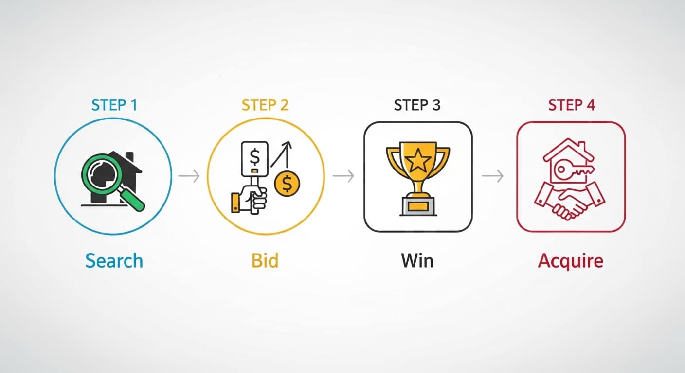 초보자를 위한 부동산 경매 절차 5단계 인포그래픽 - 물건검색, 입찰, 낙찰, 명도, 수익화